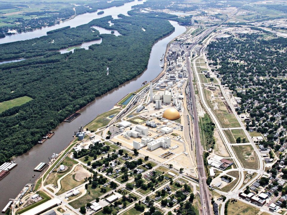 Aerial photograph of the coal bulk storage dome constructed by Dome Technology for ADM.
